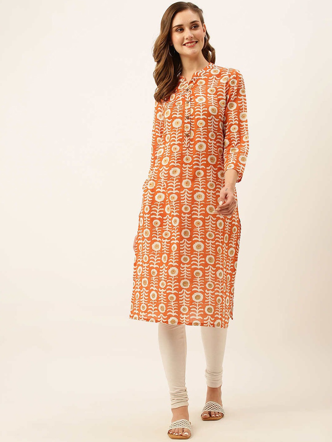 

ZOLA Floral Printed Mandarin Collar Cotton Straight Kurta, Orange