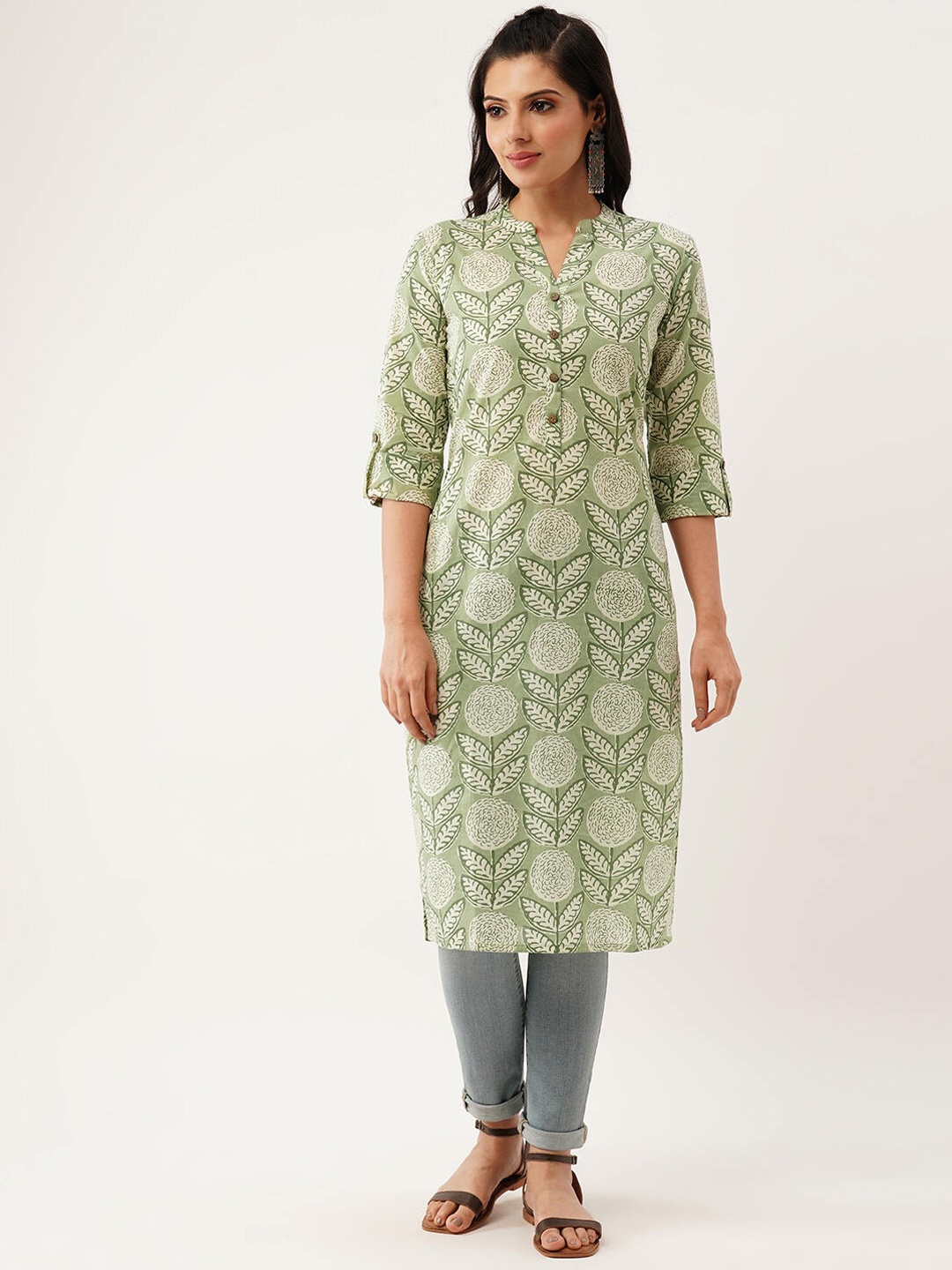 

ZOLA Floral Printed Mandarin Collar Roll-Up Sleeves Cotton Straight Kurta, Green