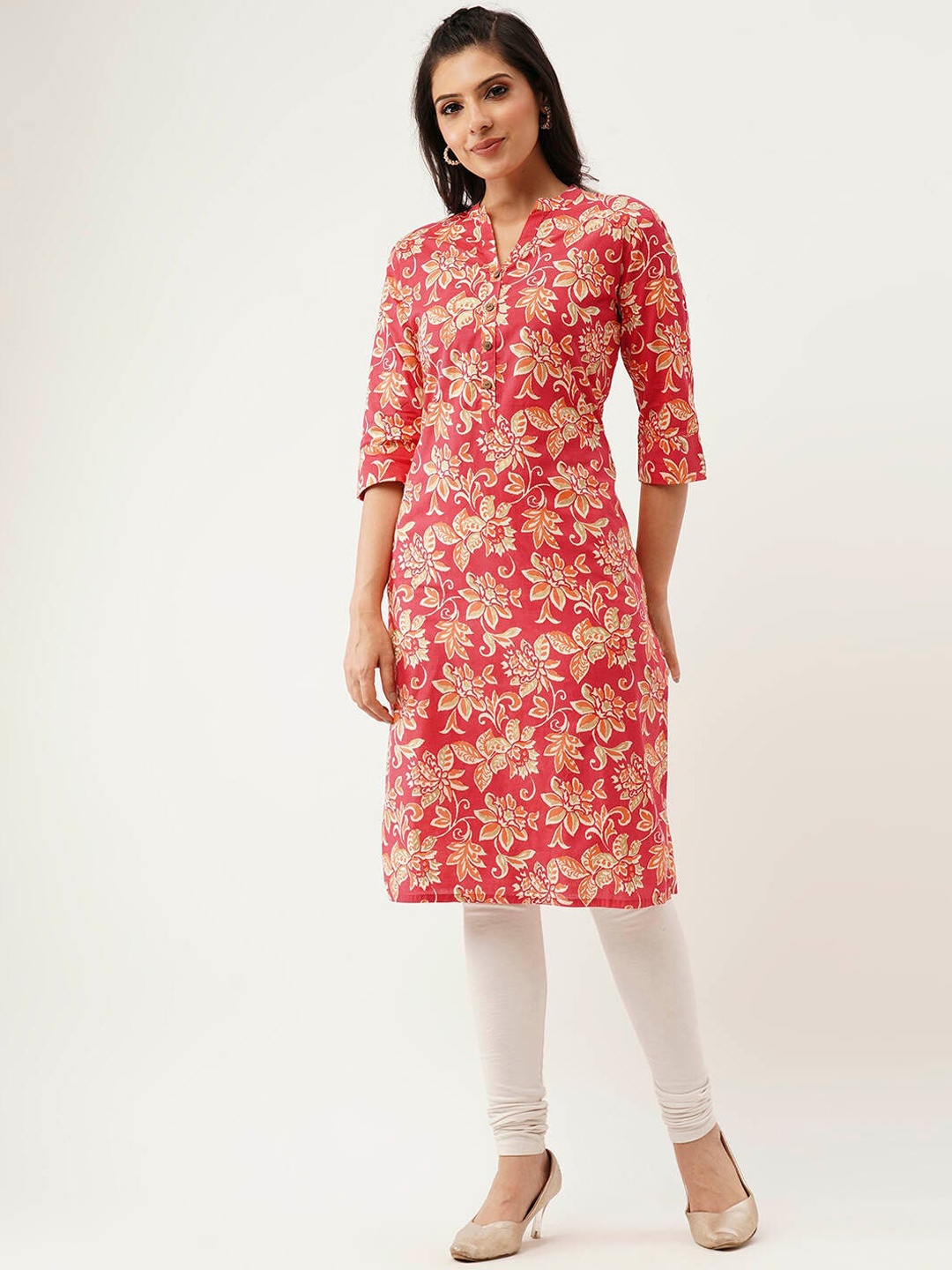 

ZOLA Floral Printed Mandarin Collar Roll-Up Sleeves Cotton Straight Kurta, Pink