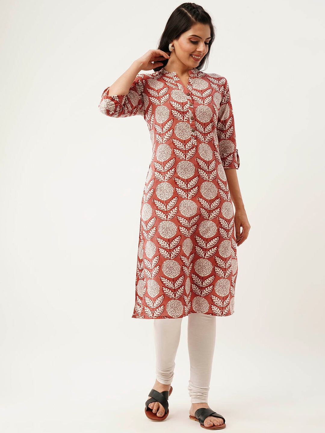

ZOLA Floral Printed Mandarin Collar Roll-Up Sleeves Cotton Straight Kurta, Rust