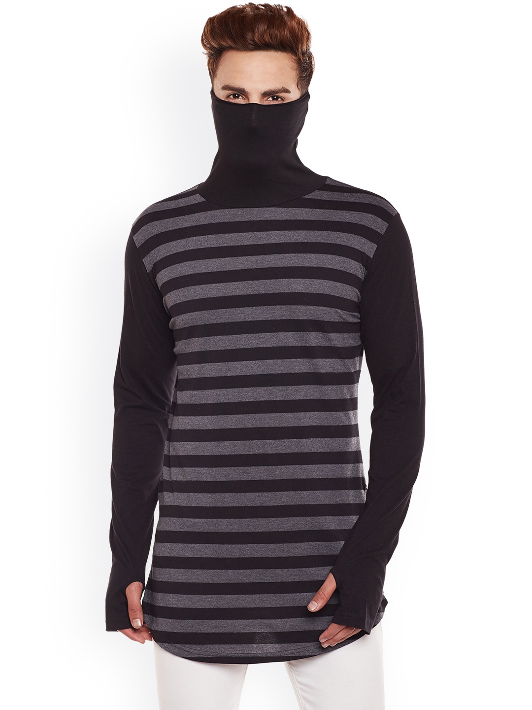 

Hypernation Men Black Striped High Neck T-shirt