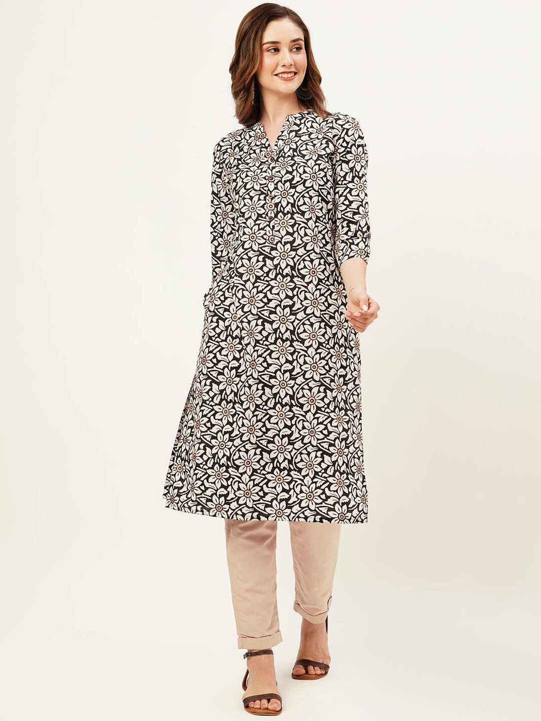 

ZOLA Floral Printed Mandarin Collar Cotton Straight Kurta, Black
