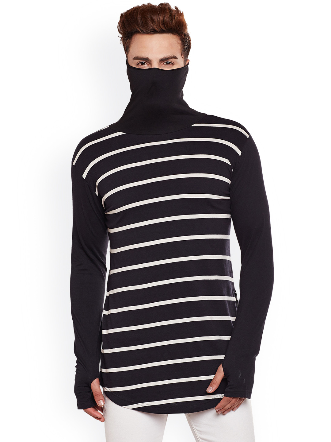 

Hypernation Men Black Striped High Neck T-shirt