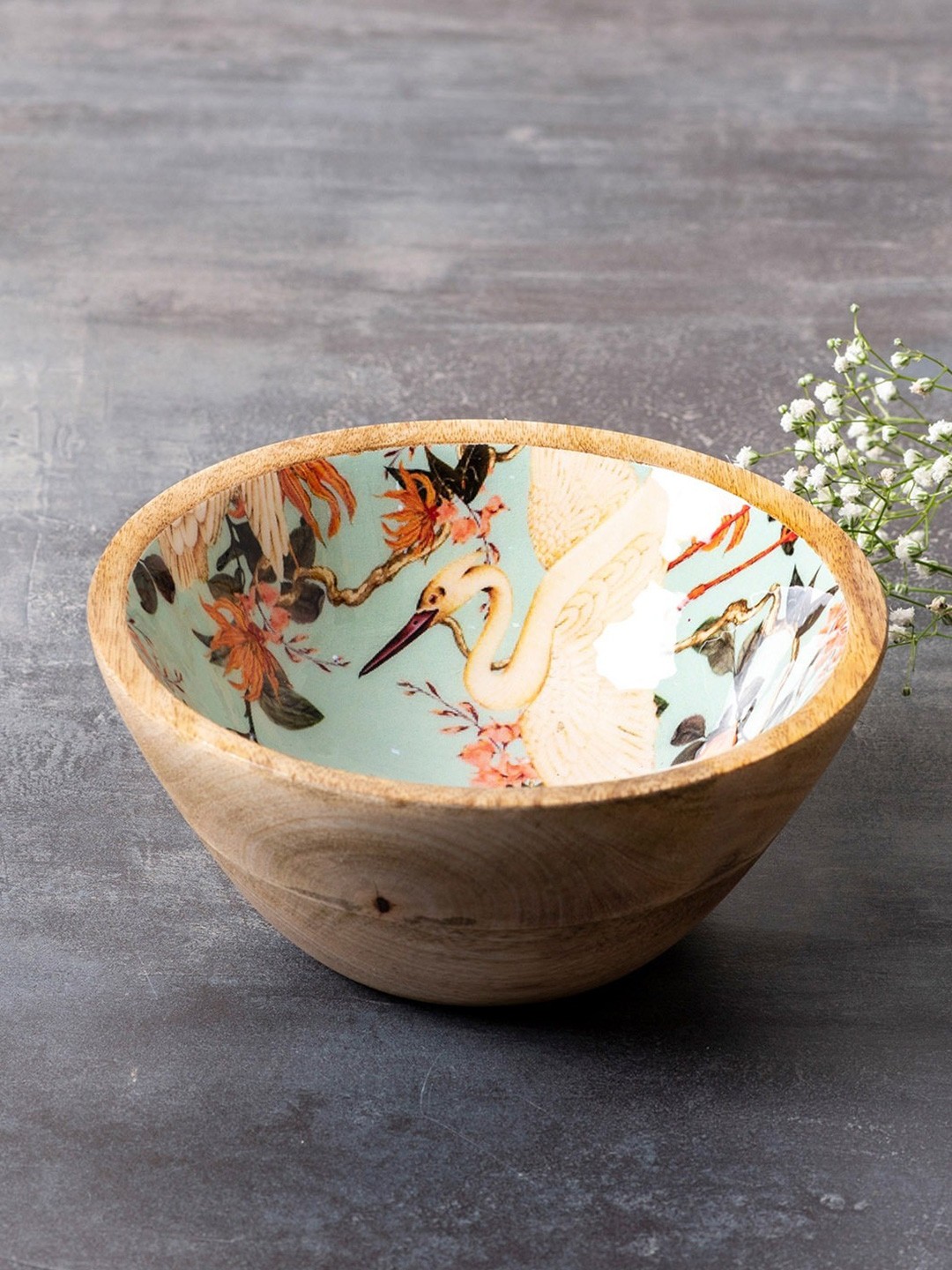 

nestroots Brown & White Floral Printed Wood Serving Bowl