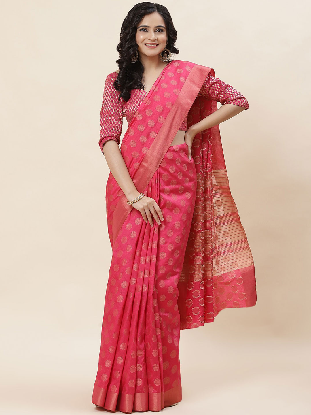 

Meena Bazaar Ethnic Motifs Woven Design Zari Saree, Pink