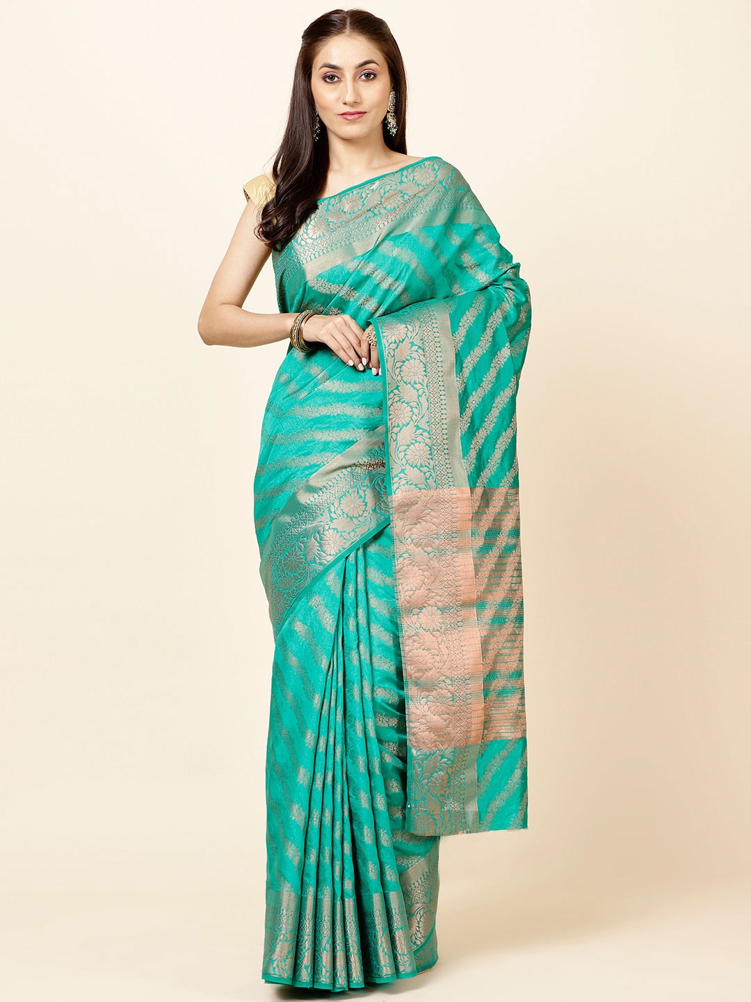 

Meena Bazaar Floral Woven Design Zari Saree, Green