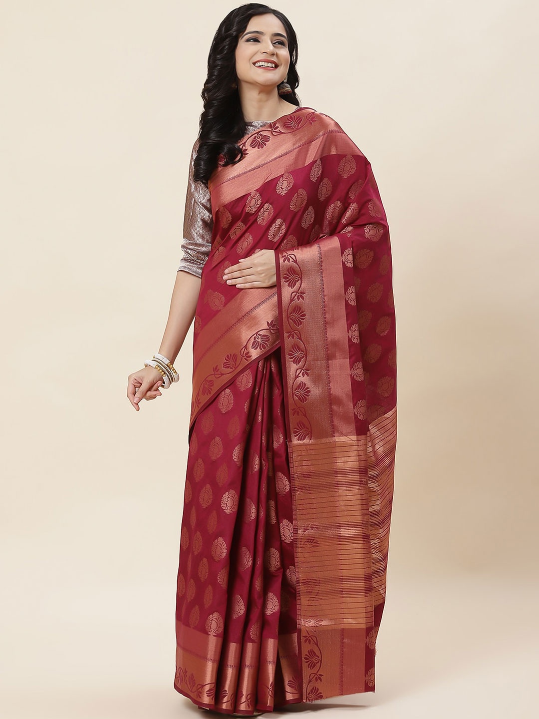 

Meena Bazaar Ethnic Motifs Woven Design Zari Saree, Burgundy