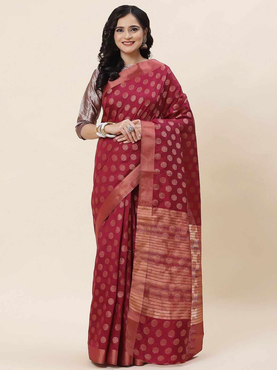 

Meena Bazaar Ethnic Motifs Woven Design Zari Saree, Maroon