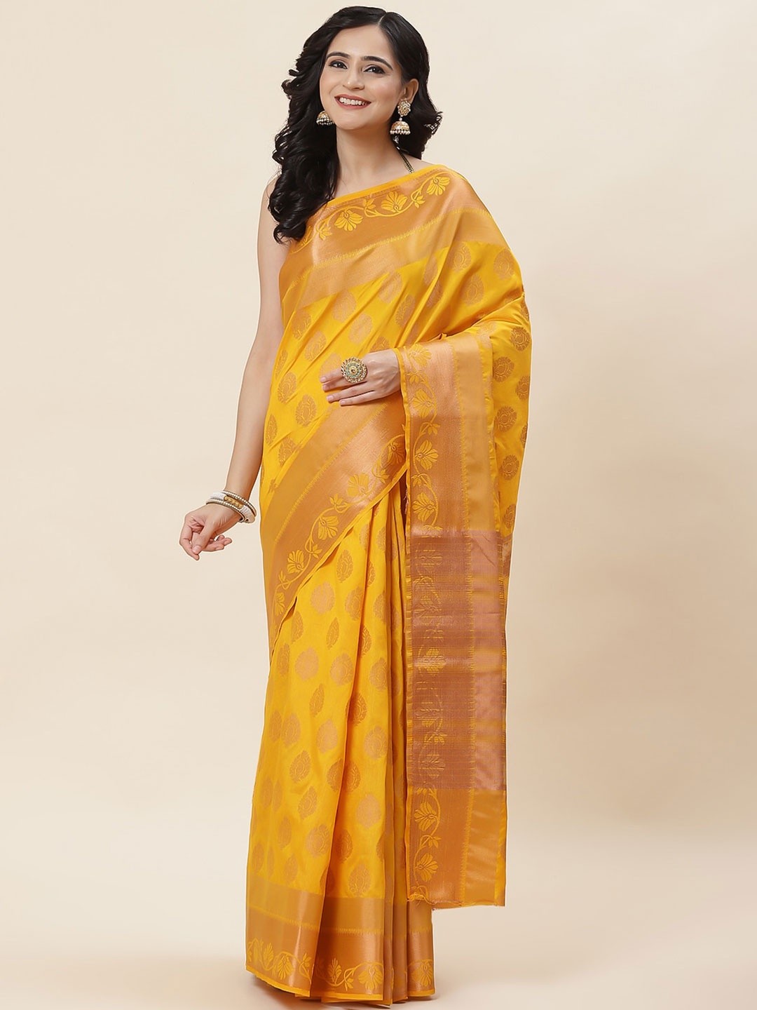 

Meena Bazaar Ethnic Motifs Woven Design Zari Saree, Mustard