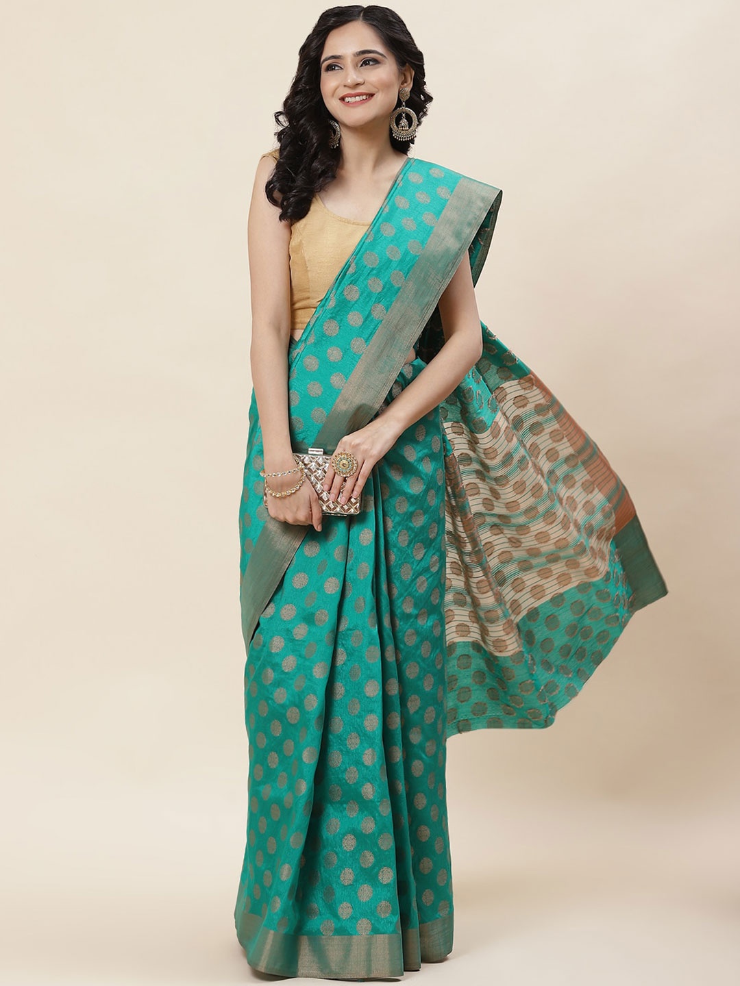 

Meena Bazaar Ethnic Motifs Woven Design Zari Saree, Green