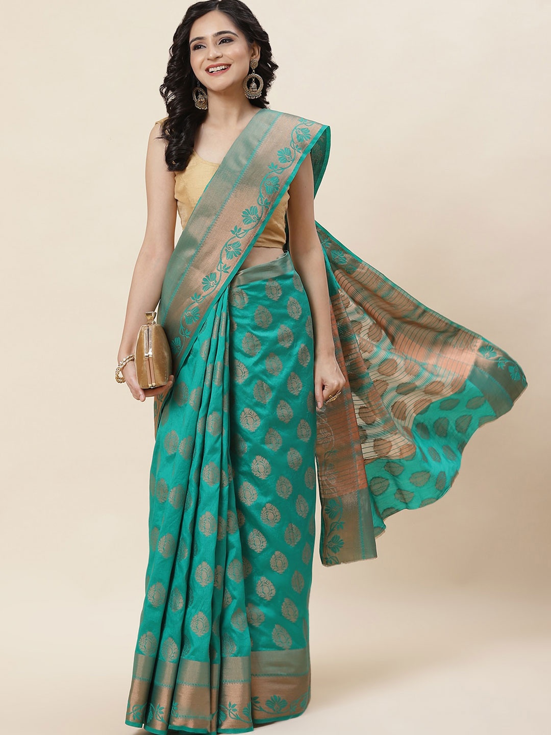 

Meena Bazaar Ethnic Motifs Woven Design Zari Art Silk Saree, Green