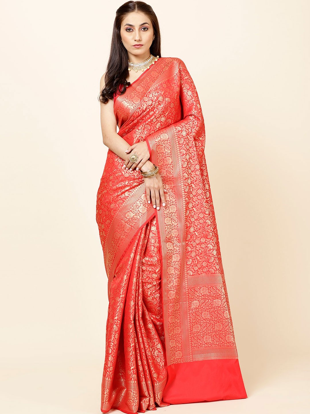 

Meena Bazaar Ethnic Motifs Woven Design Zari Saree, Red