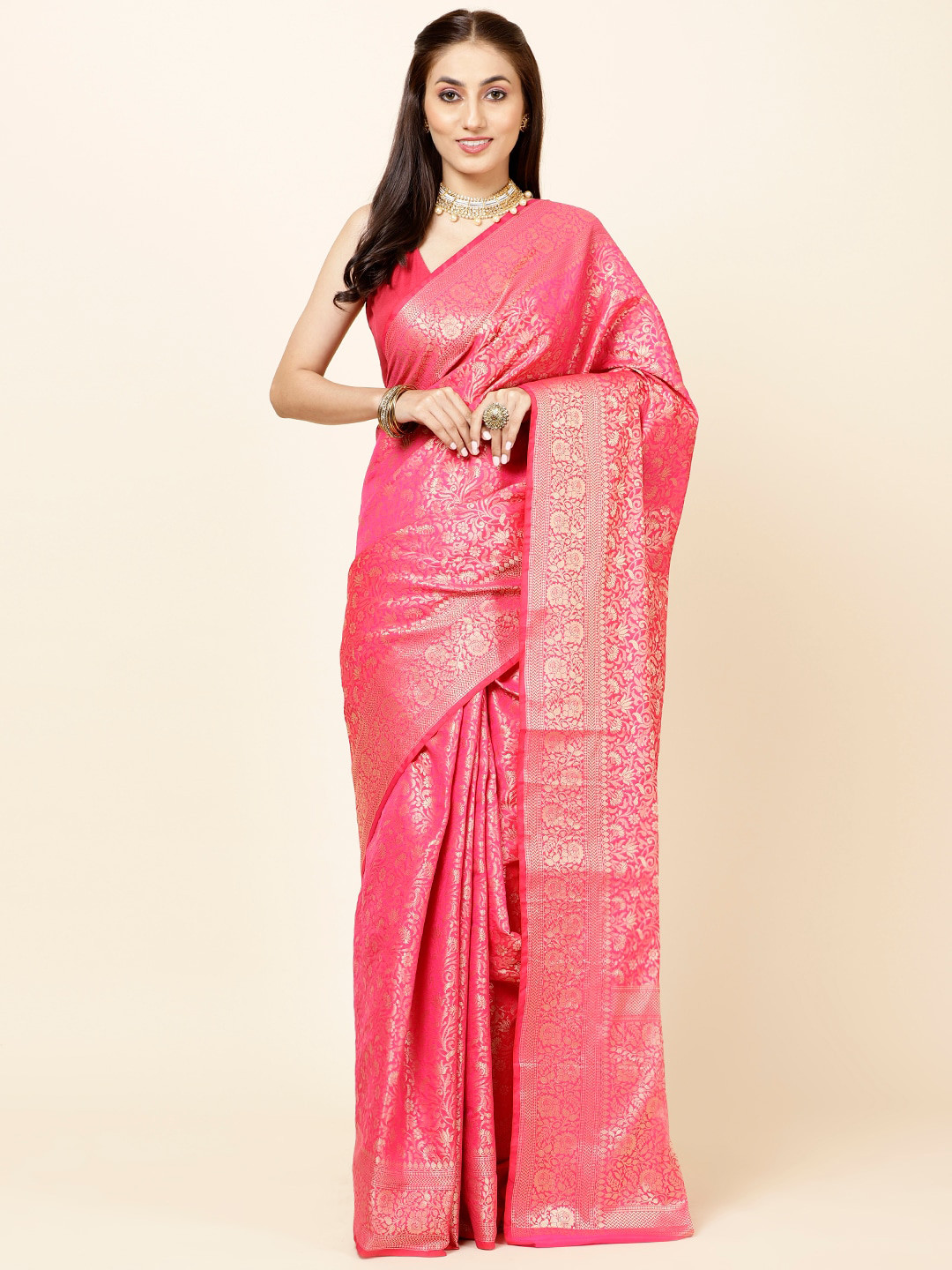 

Meena Bazaar Floral Woven Design Zari Saree, Pink