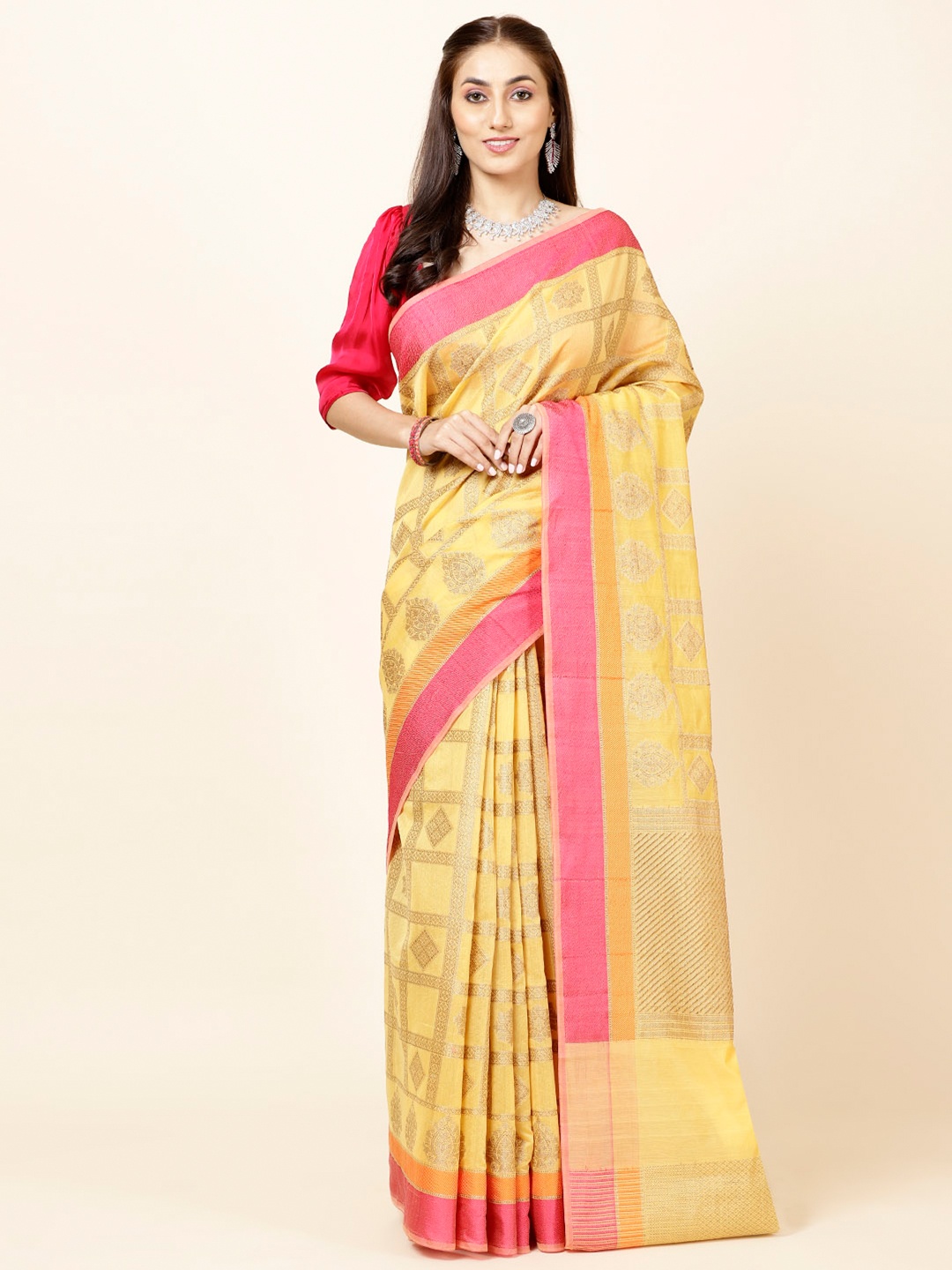 

Meena Bazaar Ethnic Motifs Woven Design Zari Saree, Mustard