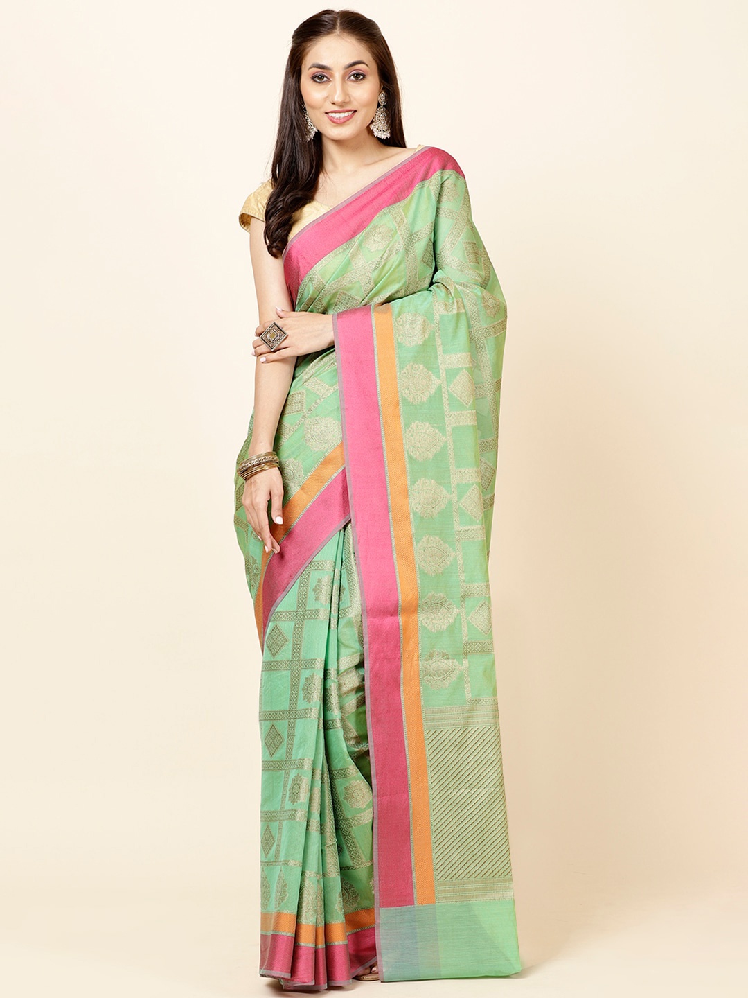 

Meena Bazaar Woven Design Zari Saree, Sea green