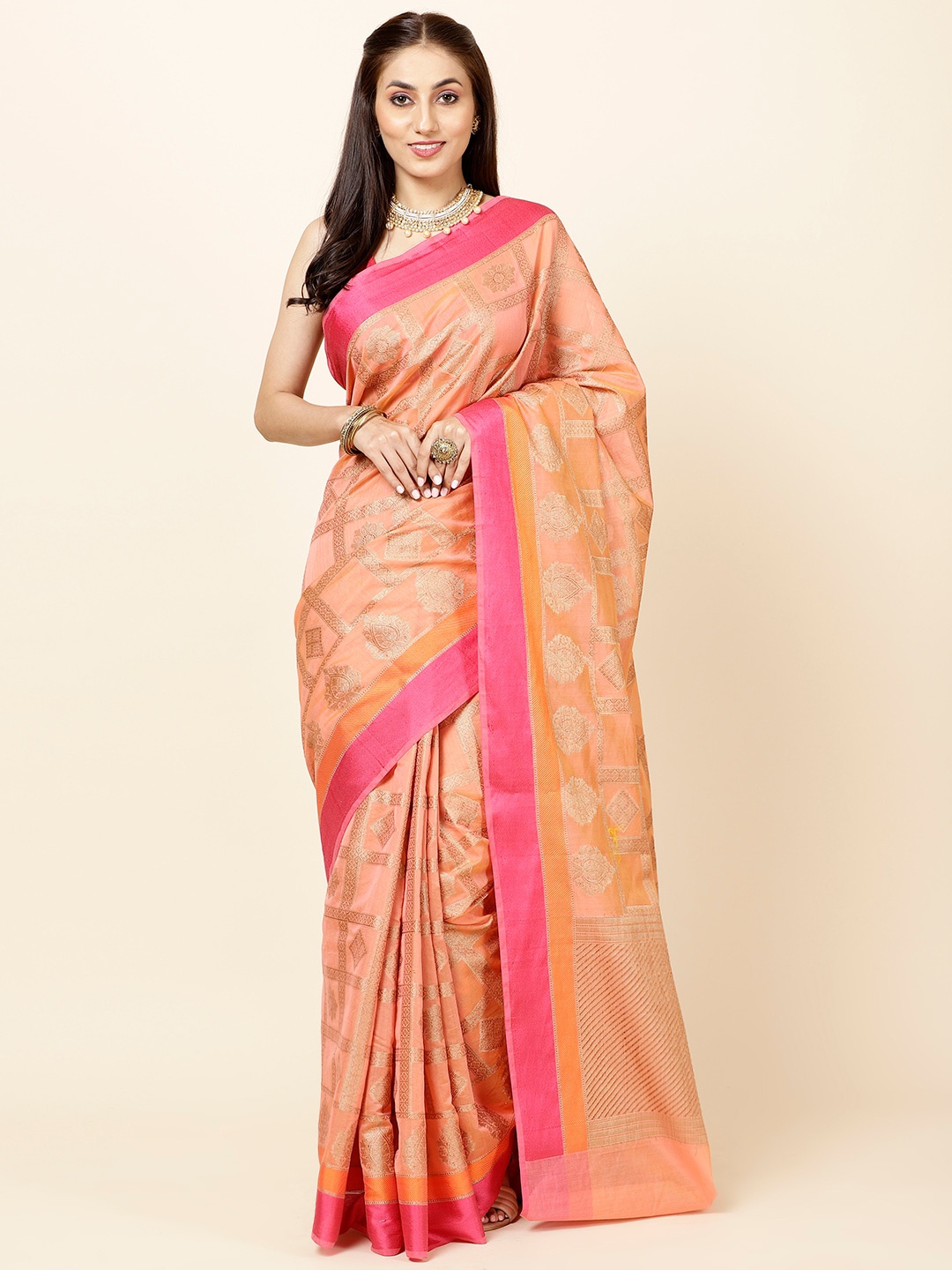 

Meena Bazaar Ethnic Motifs Woven Design Saree, Peach