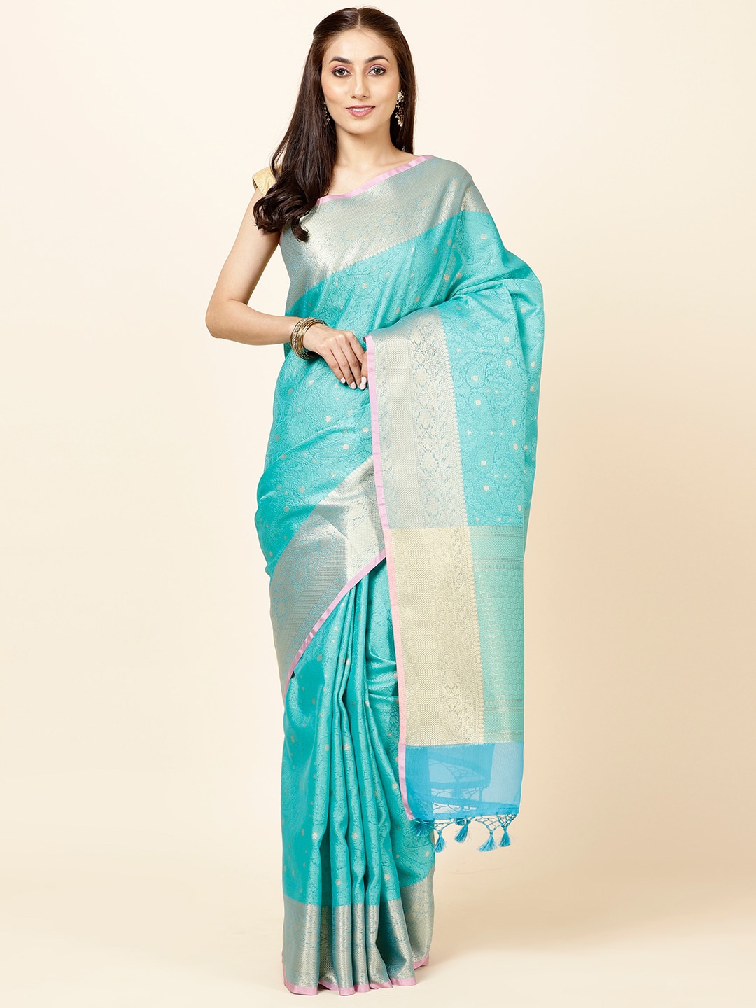 

Meena Bazaar Paisley Woven Design Zari Saree, Sea green