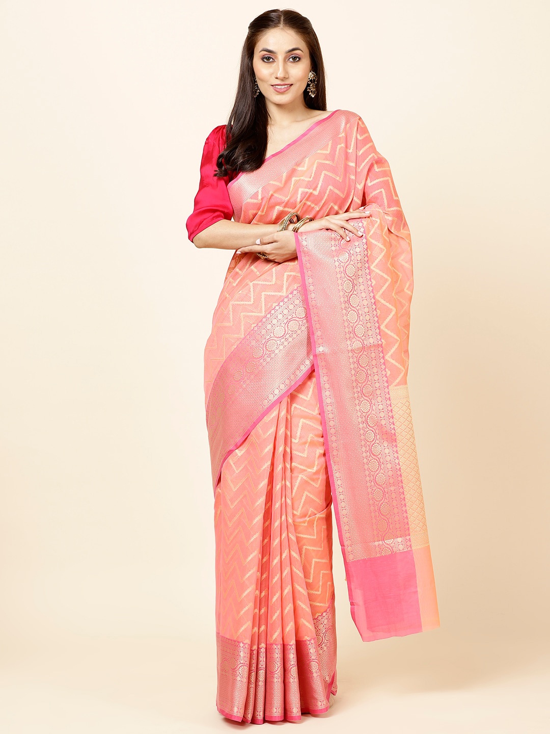 

Meena Bazaar Geometric Woven Design Zari Saree, Peach