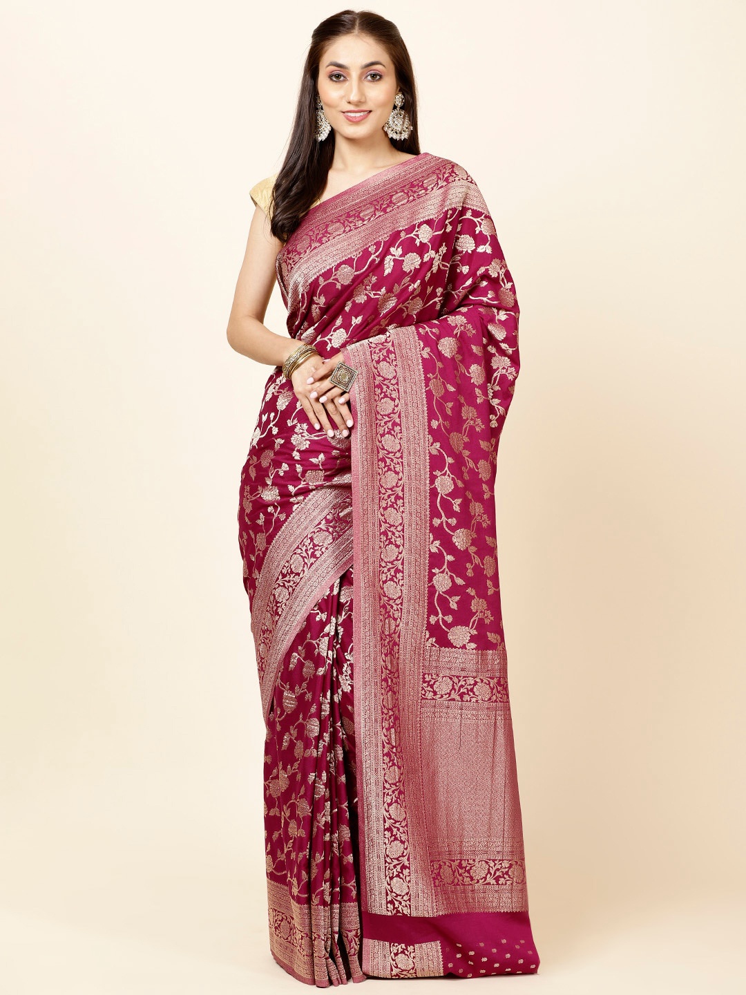 

Meena Bazaar Ethnic Motifs Woven Design Zari Saree, Purple