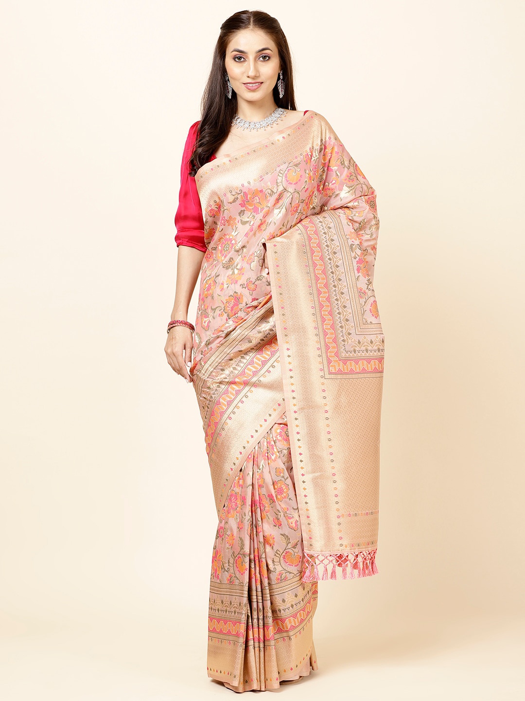 

Meena Bazaar Floral Woven Design Zari Organza Saree, Pink