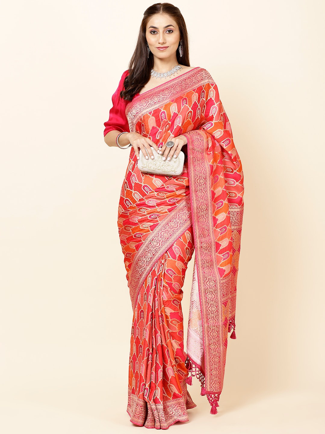 

Meena Bazaar Floral Woven Design Zari Satin Saree, Pink