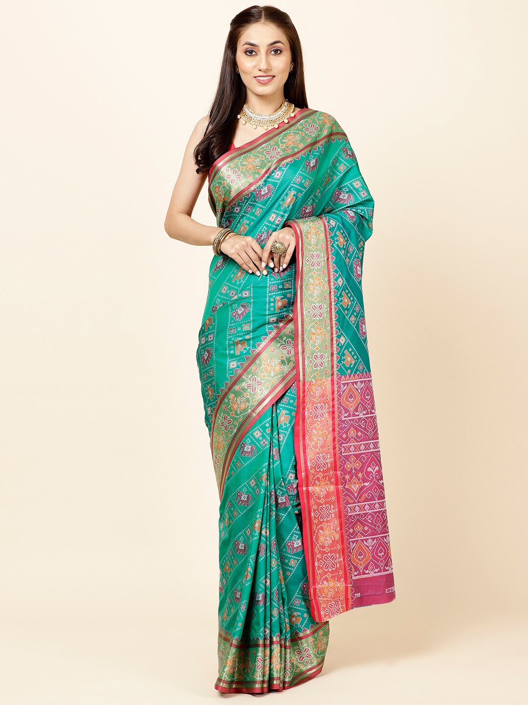 

Meena Bazaar Ethnic Motifs Woven Design Zari Saree, Green