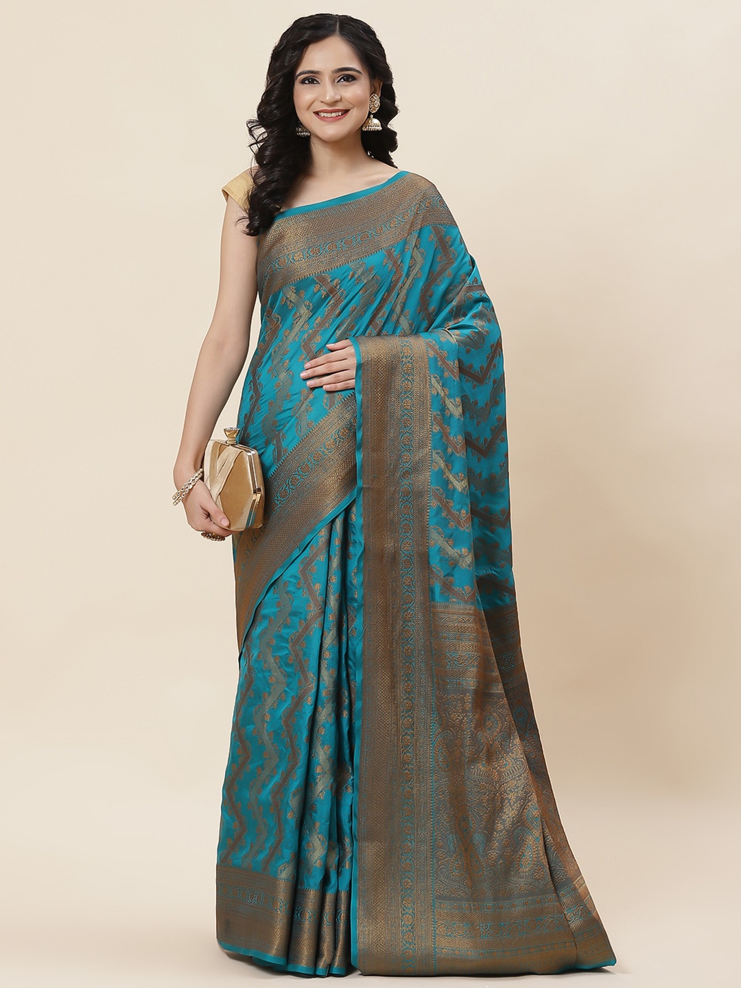 

Meena Bazaar Ethnic Motifs Woven Design Zari Art Silk Saree, Blue