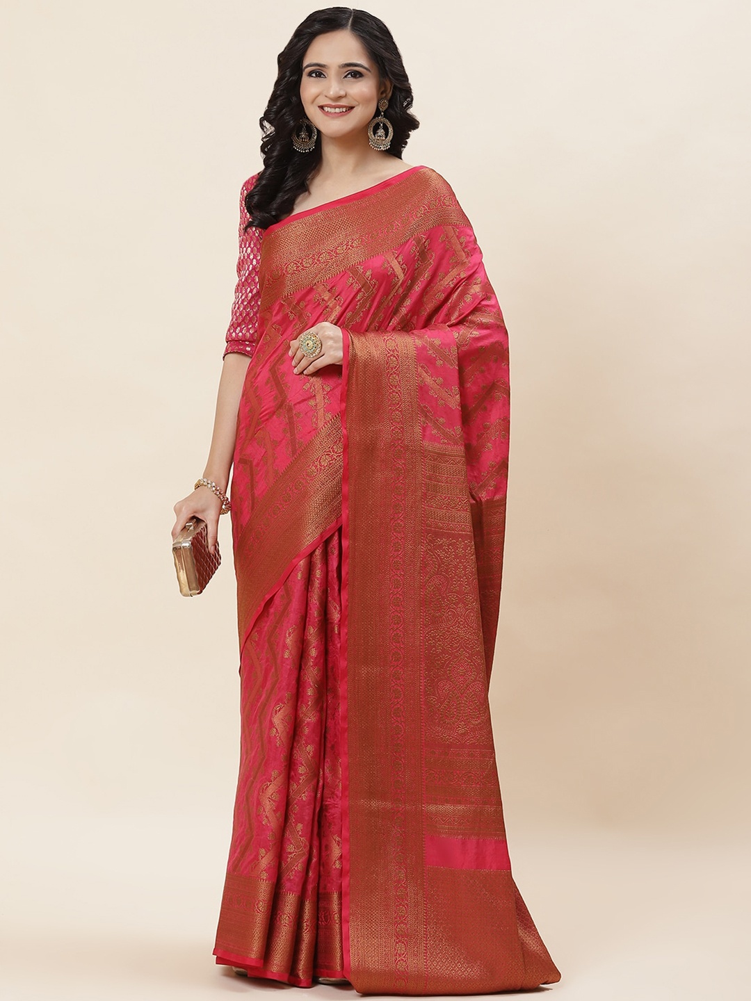 

Meena Bazaar Floral Woven Design Zari Saree, Pink