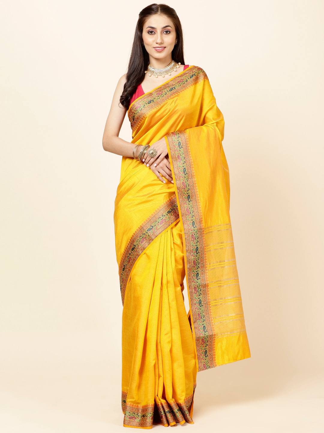 

Meena Bazaar Zari Detailed Saree, Mustard