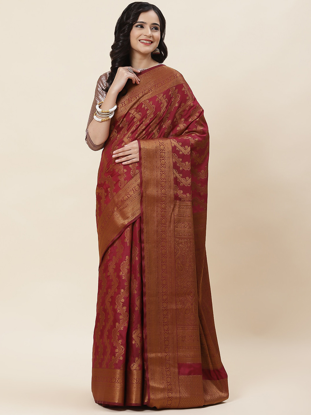 

Meena Bazaar Woven Design Zari Saree, Burgundy