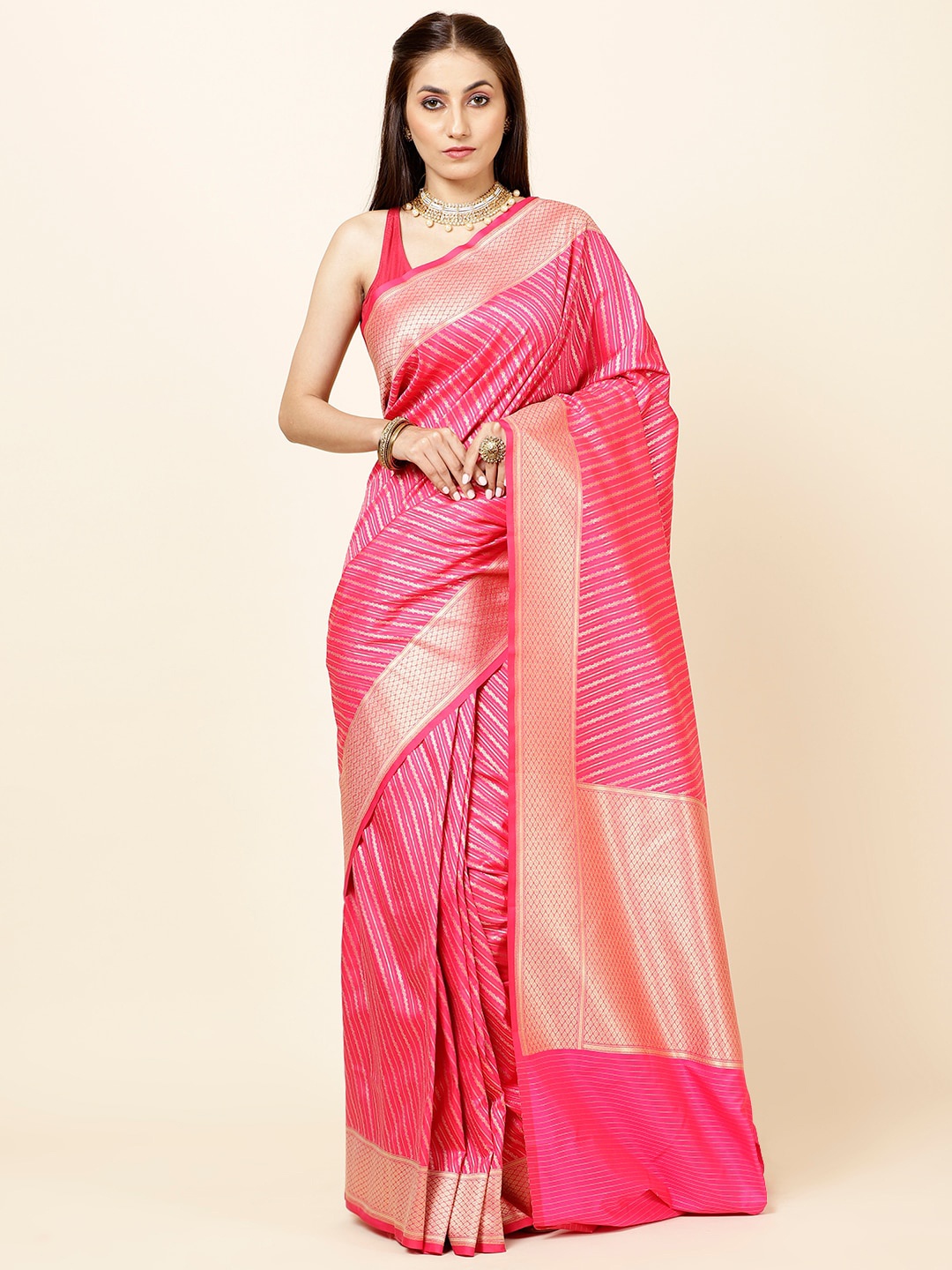 

Meena Bazaar Striped Woven Design Zari Art Silk Banarasi Saree, Pink