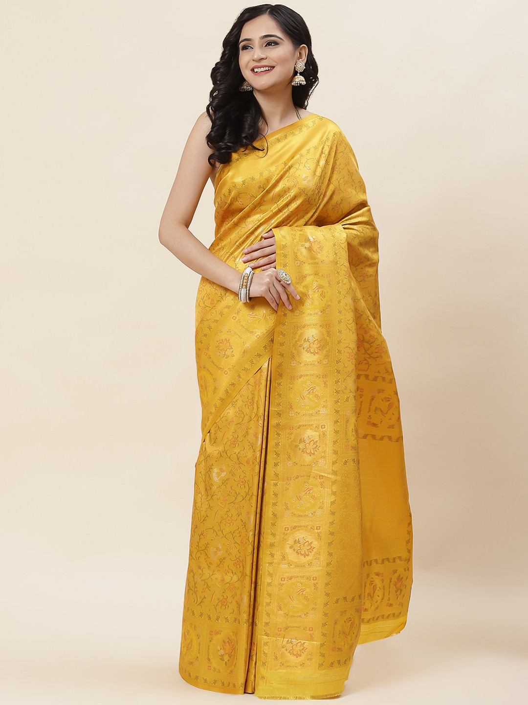 

Meena Bazaar Ethnic Motifs Woven Design Zari Art Silk Saree, Mustard