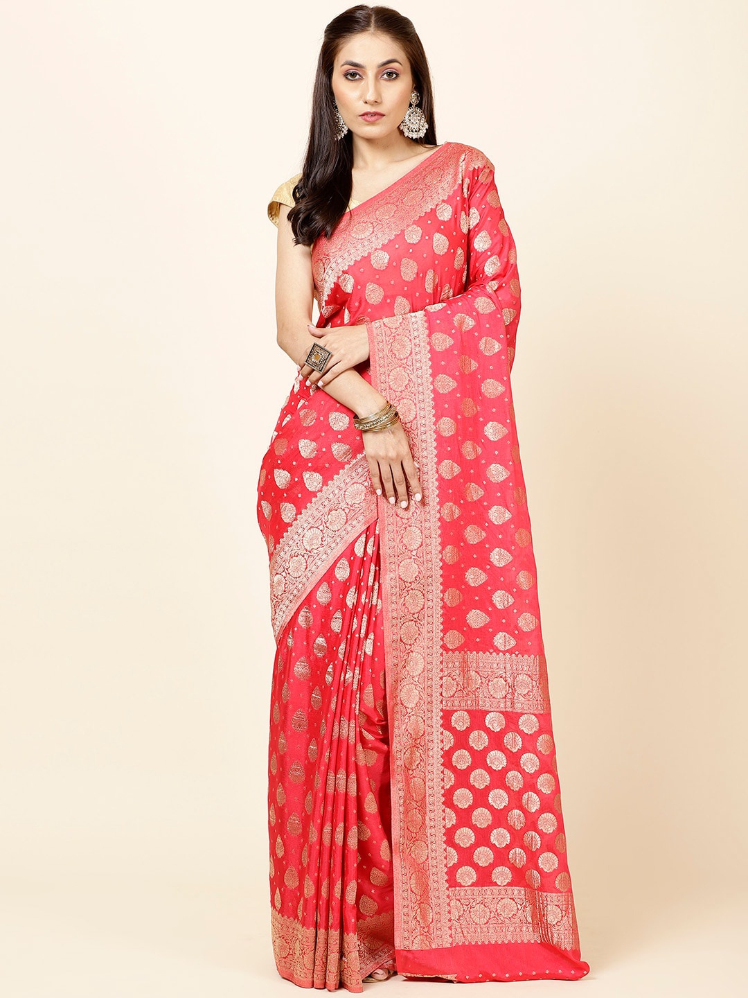 

Meena Bazaar Ethnic Motifs Woven Design Zari Saree, Coral