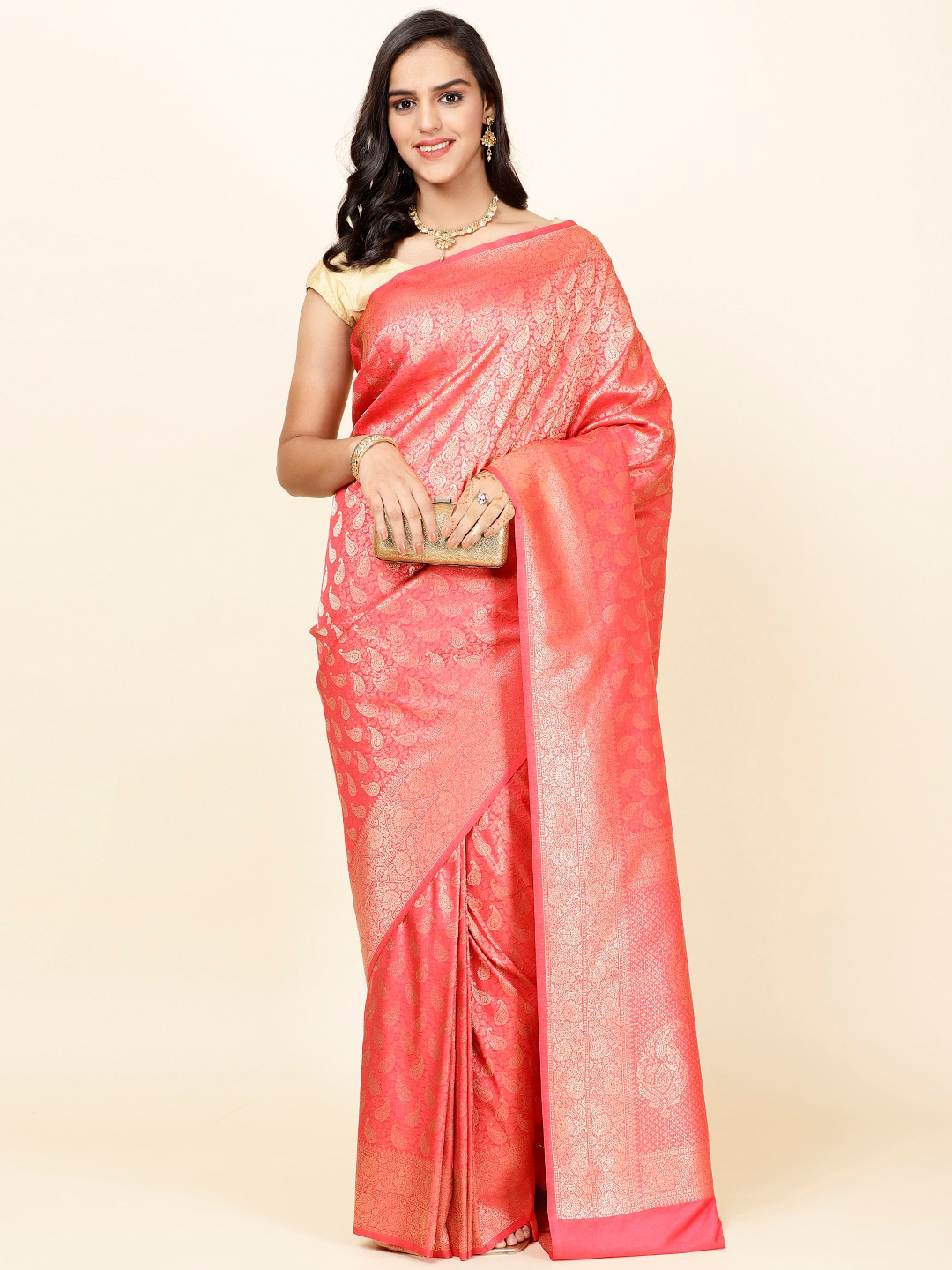 

Meena Bazaar Paisley Woven Design Zari Art Silk Saree, Pink