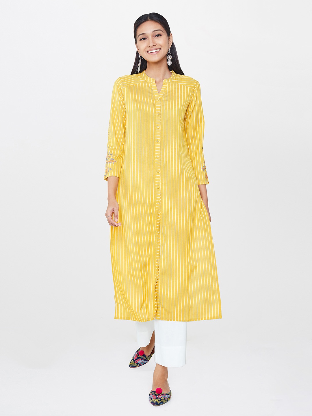 

Global Desi Mustard & White Striped Kurta