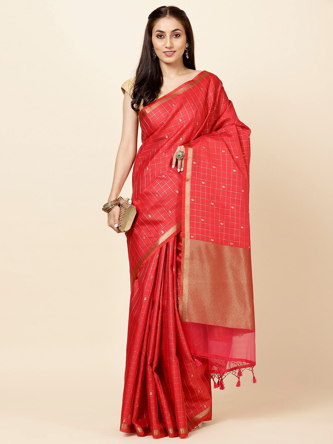 

Meena Bazaar Checked Woven Design Zari Saree, Red