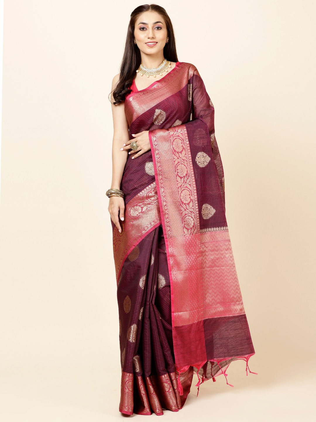 

Meena Bazaar Ethnic Motifs Woven Design Zari Saree, Burgundy