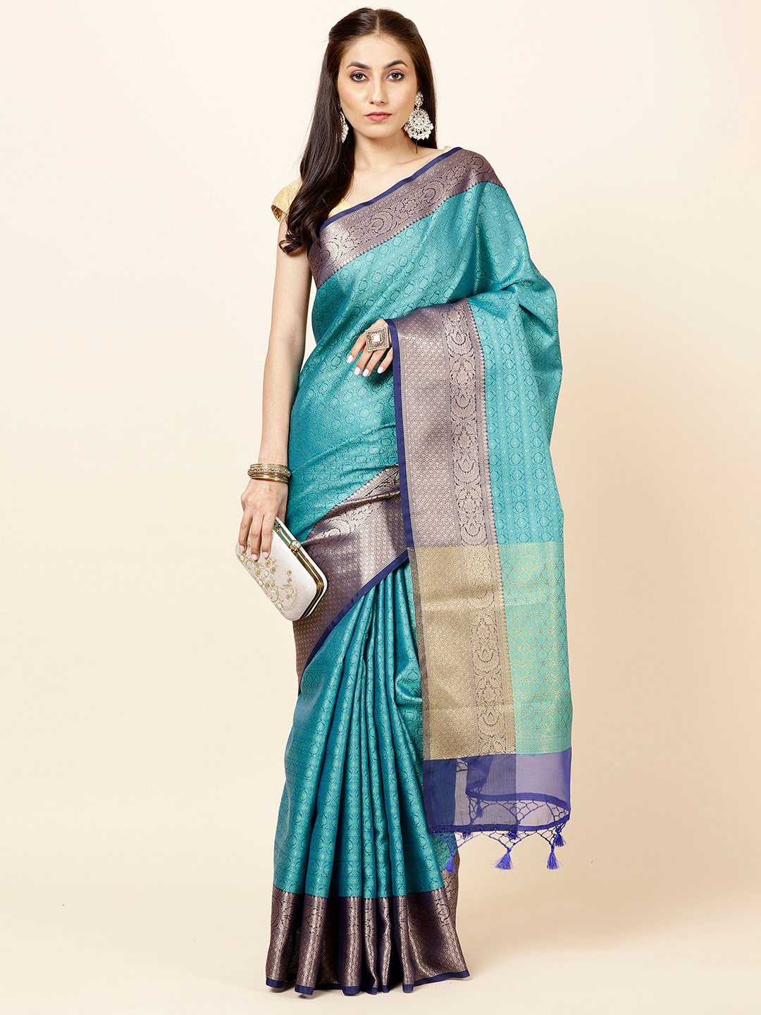 

Meena Bazaar Ethnic Motifs Woven Design Zari Saree, Blue