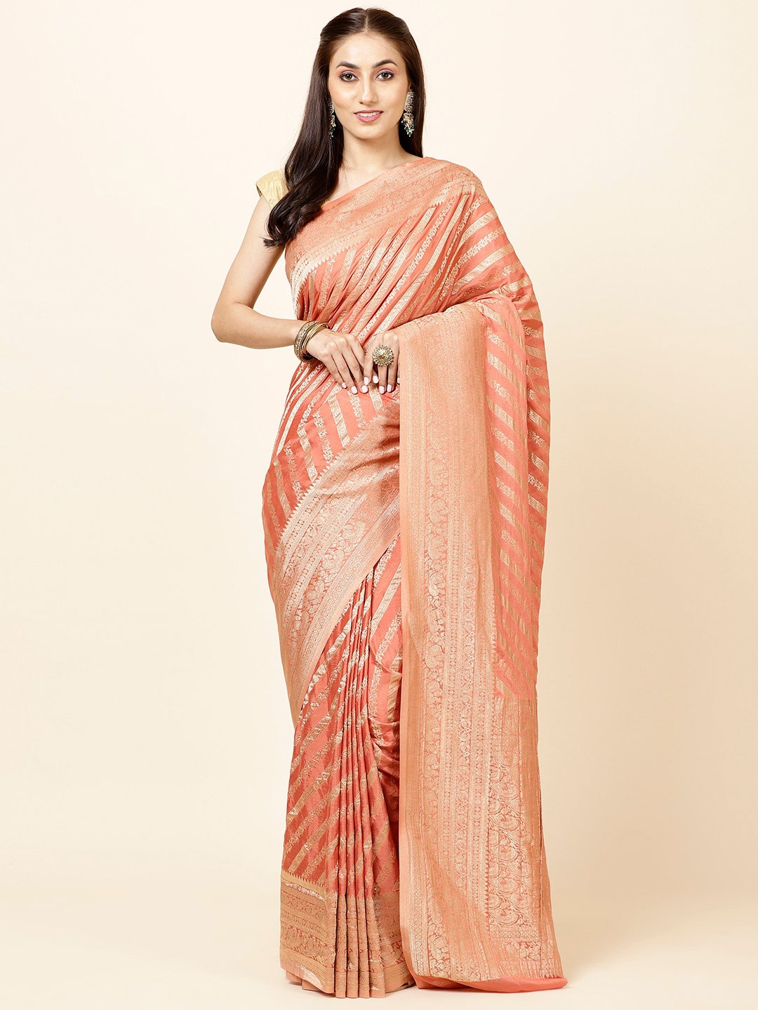 

Meena Bazaar Ethnic Motifs Woven Design Zari Saree, Peach