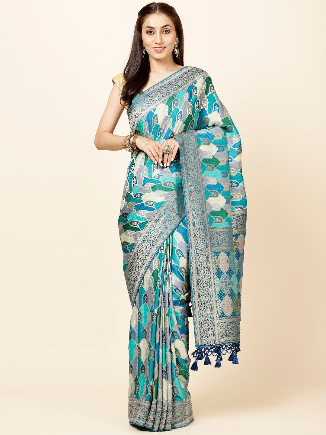 

Meena Bazaar Ethnic Motifs Woven Design Zari Satin Saree, Blue