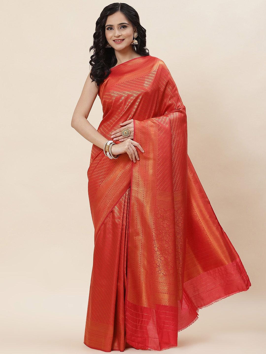 

Meena Bazaar Ethnic Motifs Woven Design Zari Saree, Red