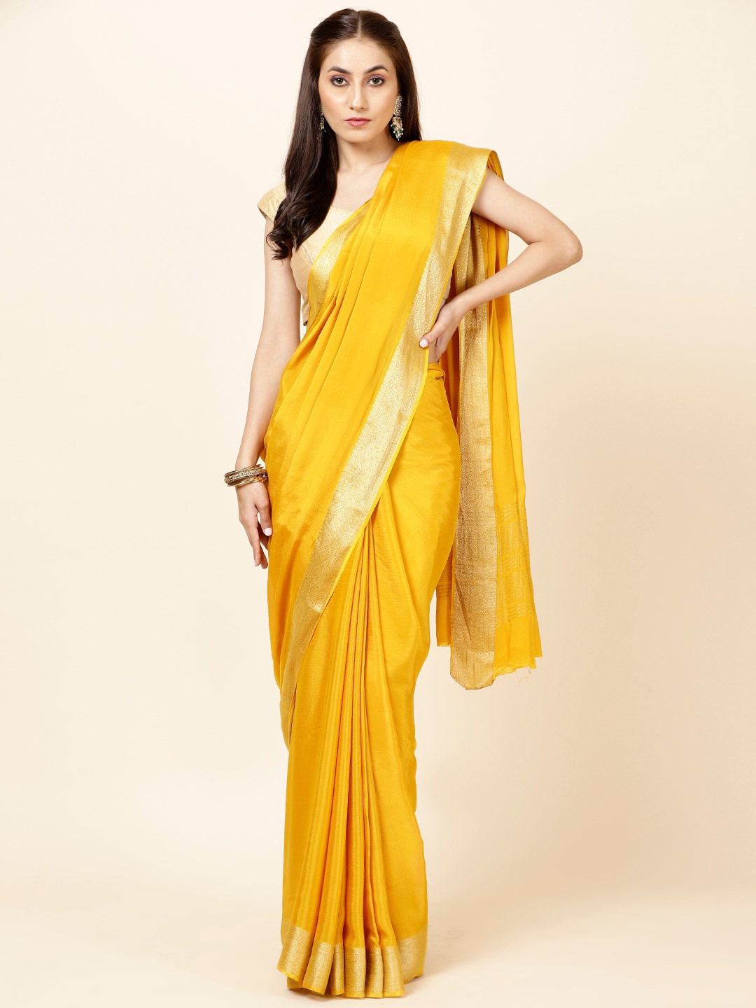 

Meena Bazaar Woven Design Border Zari Saree, Mustard
