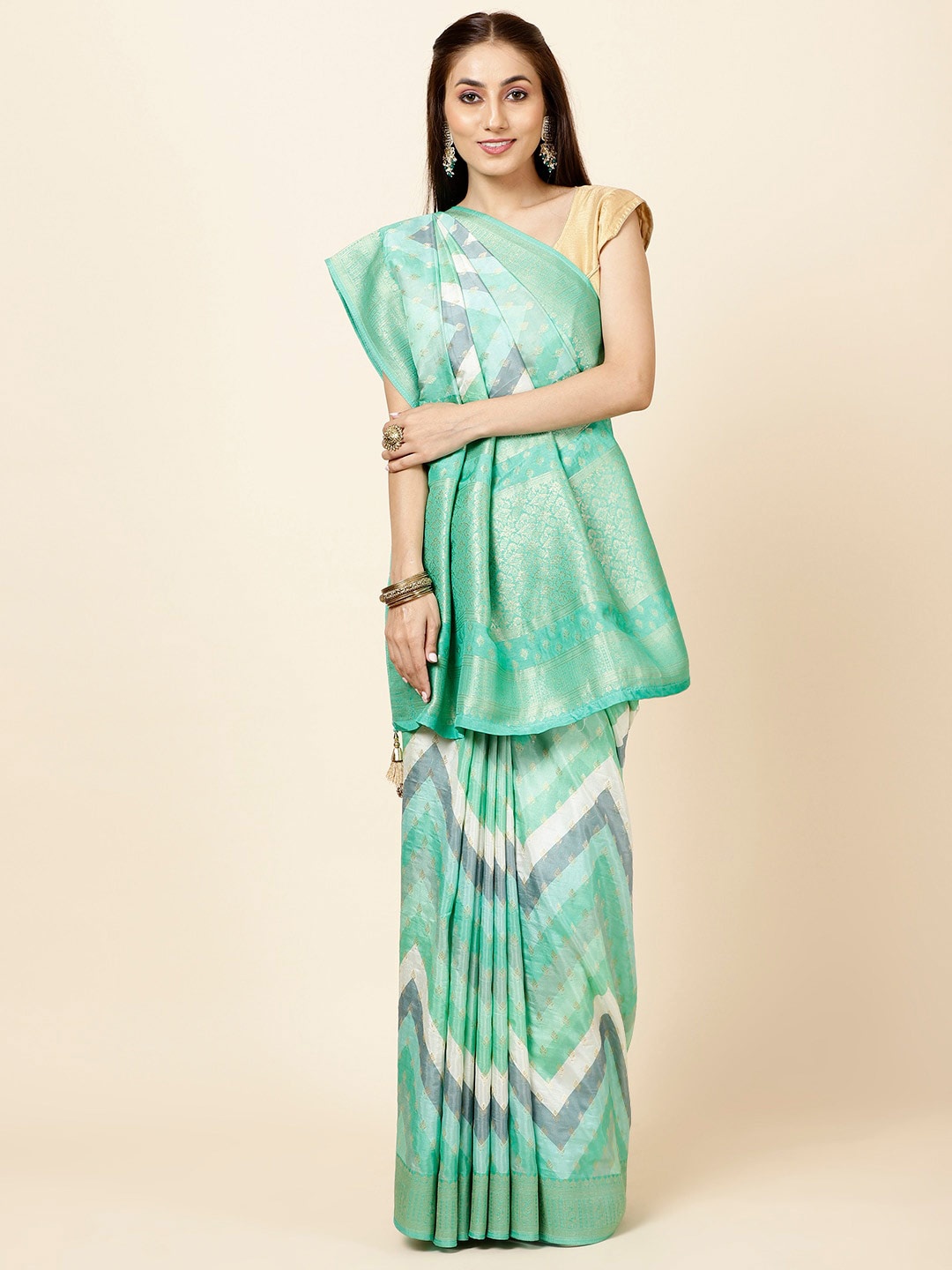 

Meena Bazaar Geometric Woven Design Zari Saree, Sea green