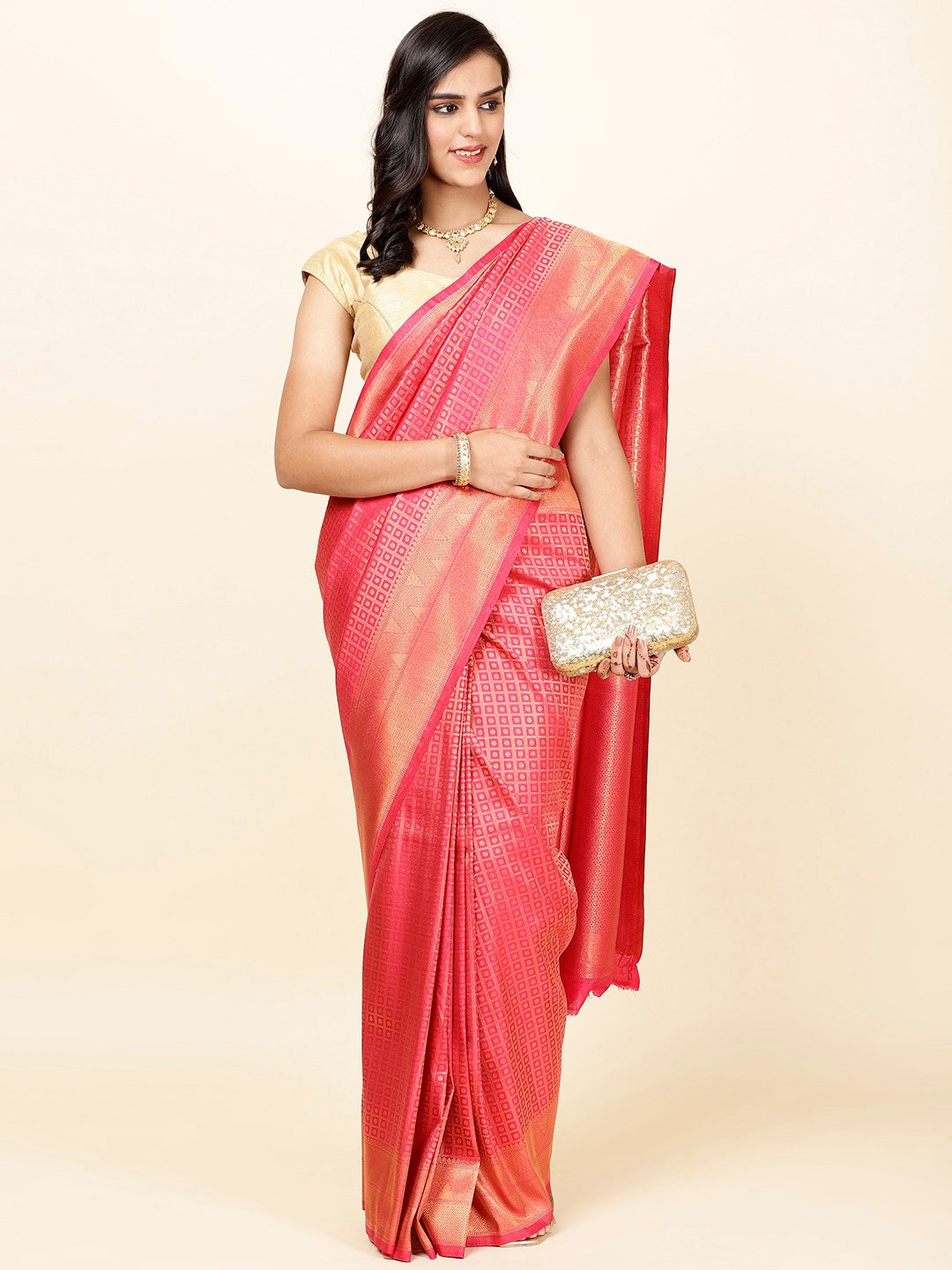 

Meena Bazaar Checked Woven Design Zari Art Silk Saree, Pink