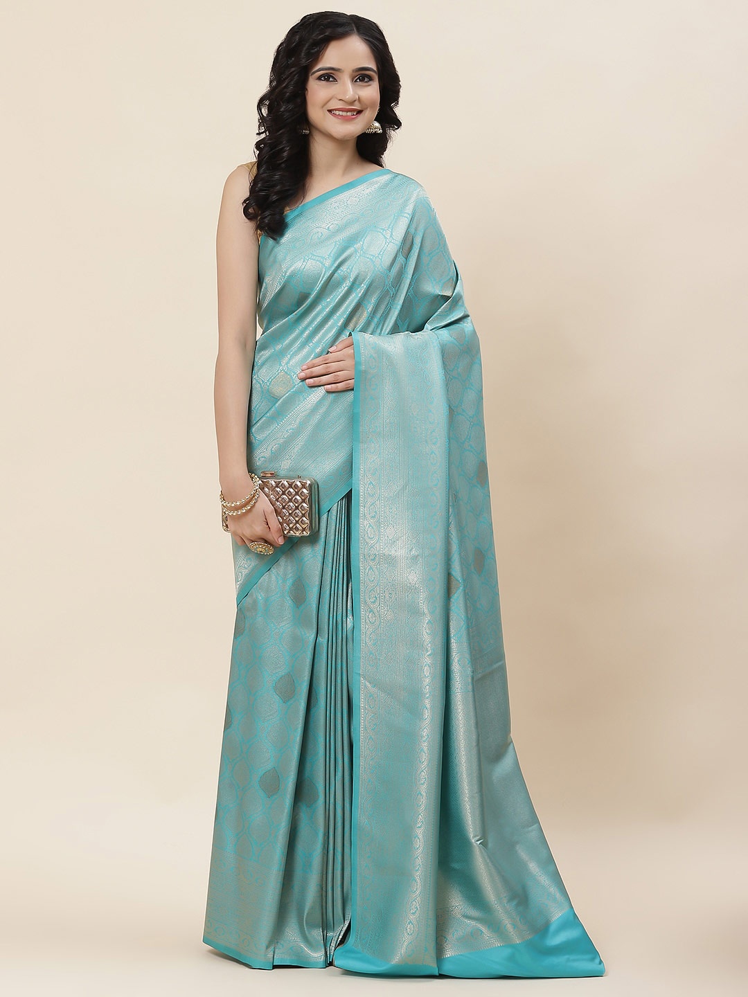 

Meena Bazaar Ethnic Motifs Woven Design Zari Saree, Blue