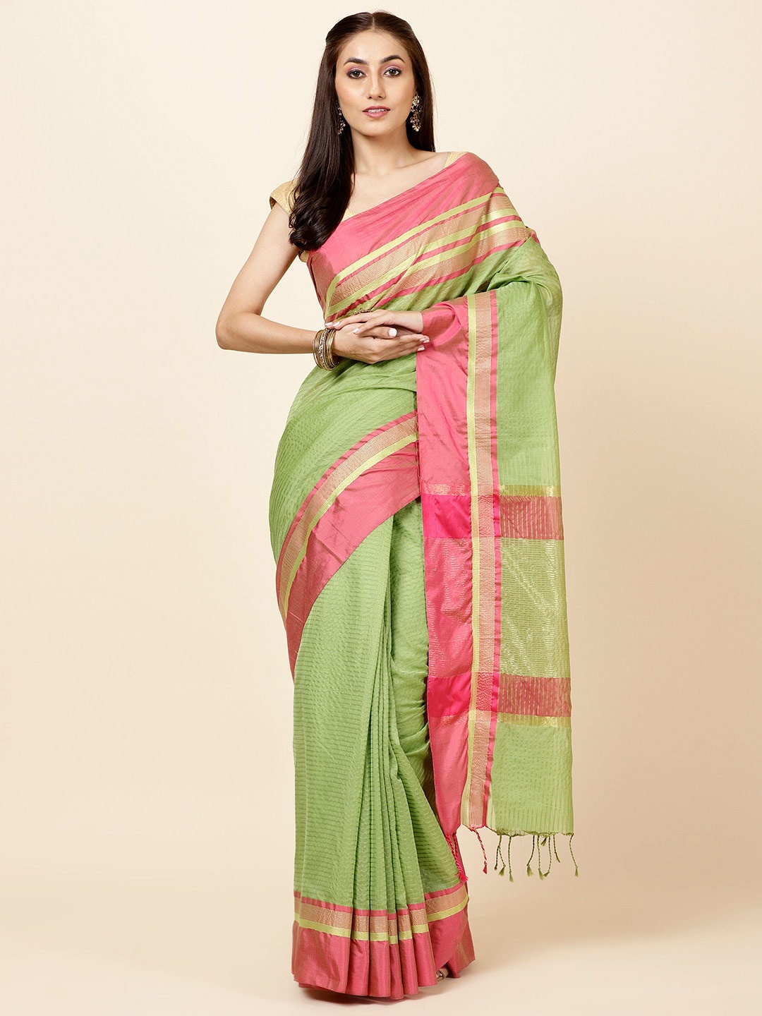 

Meena Bazaar Striped Zari Saree, Green
