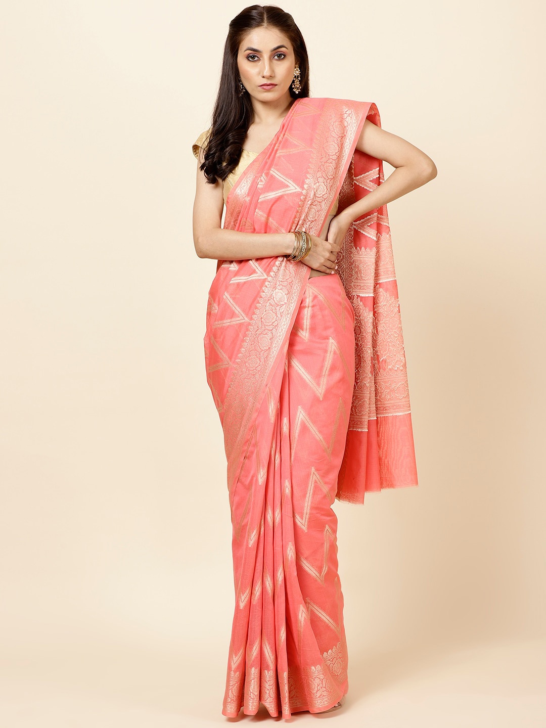

Meena Bazaar Floral Woven Design Zari Saree, Coral