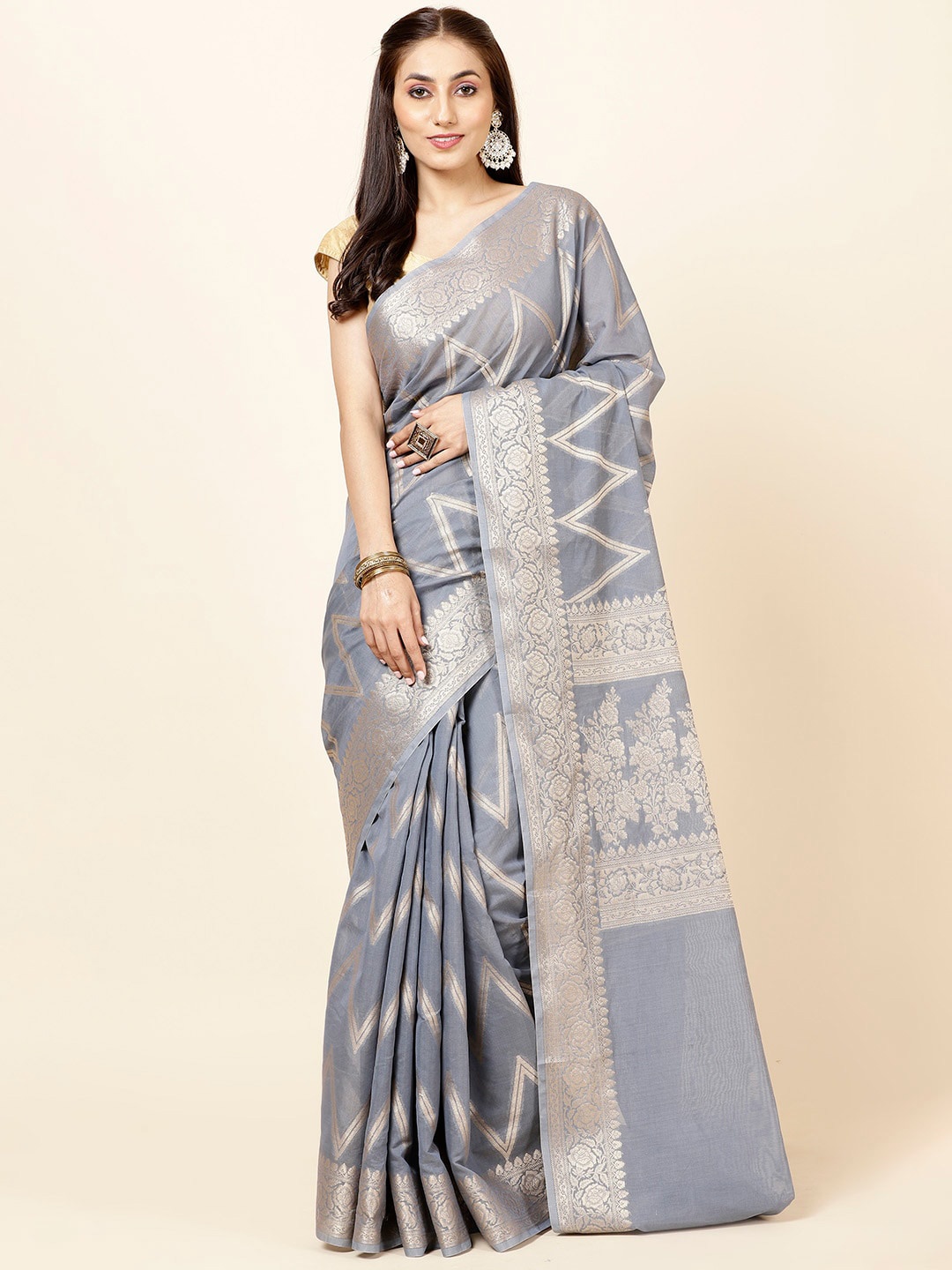 

Meena Bazaar Ethnic Motifs Woven Design Zari Saree, Grey