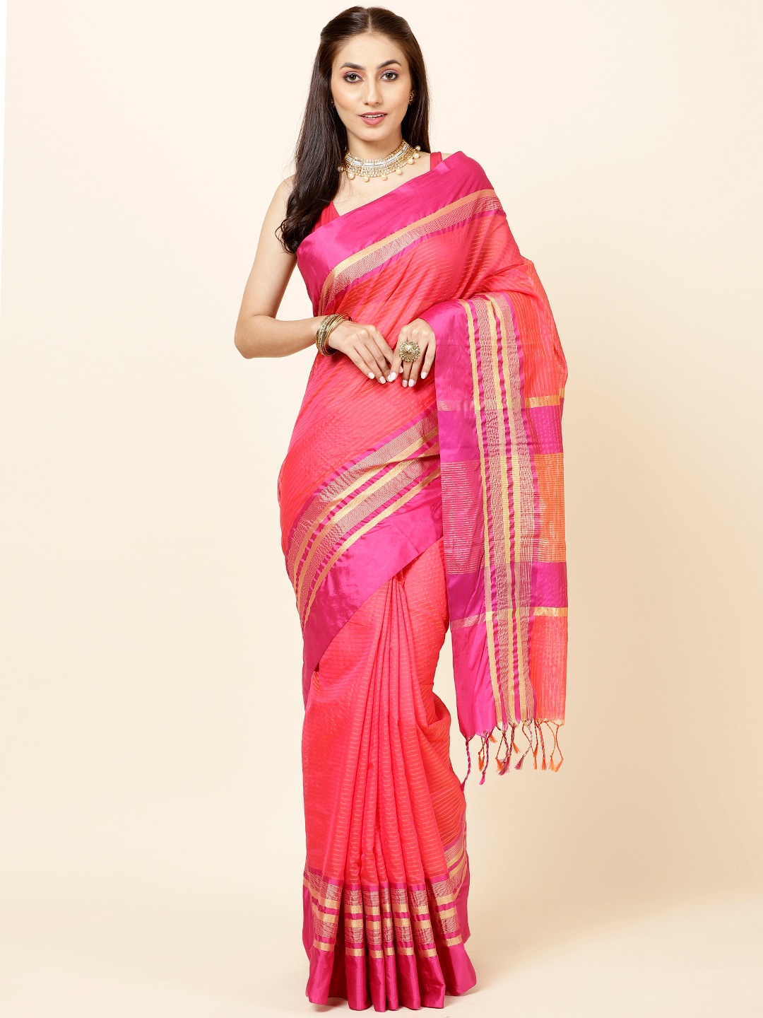 

Meena Bazaar Striped Woven Design Zari Saree, Pink