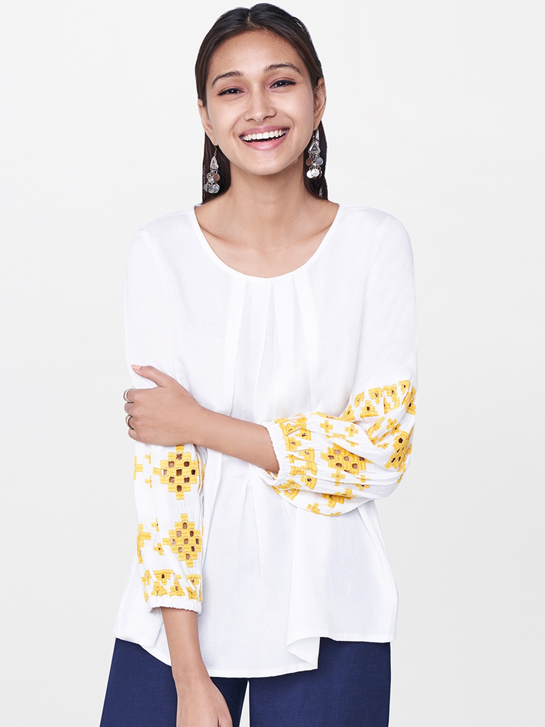 

Global Desi Women White Solid Top